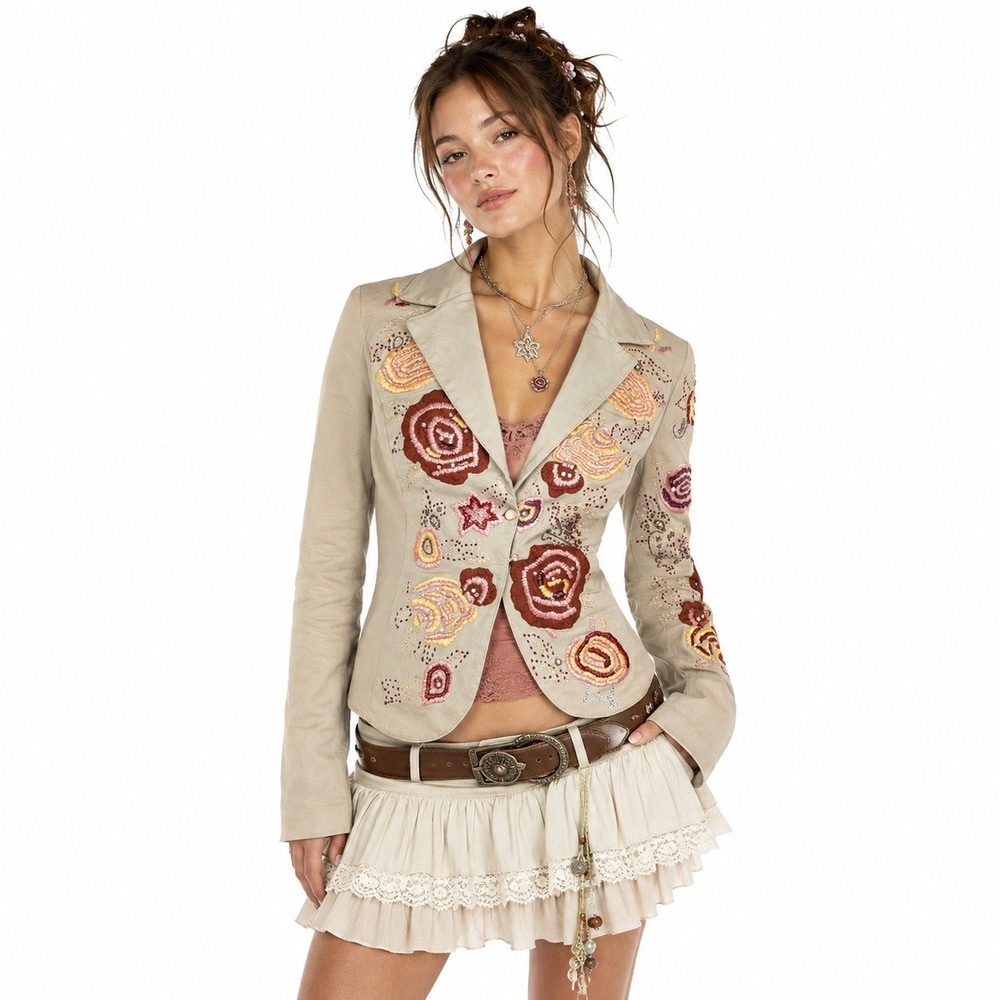 Liu Jo Embroidered Blazer Womens 46 Beige Beaded Floral Jacket Boho Indie Y2K
